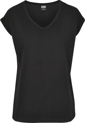 T-shirt noir à col en V avec manches retroussées, fabriqué en coton doux ; coupe décontractée avec des coutures nettes et sans motifs ni accents visibles.