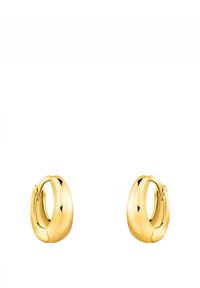 Guldörhängen med en slät, böjd design. De har en polerad yta, öppen silhuett och rundade kanter.