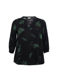 Sort bluse med grønne blomster mønstre, V-udskæring og trekvartærmer med pufmanchetter. Lavet af letvægts, tekstureret stof.