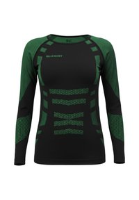 Long-sleeve athletic shirt in black with green accents. Features ergonomic design, textured patterns, and "Polar Husky" logo on the chest.