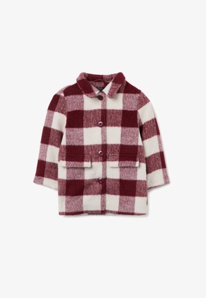 Abrigo de lana a cuadros en burdeos y crema, con cuello, cierres de botón y dos bolsillos de parche. Textura suave, mangas de longitud media.