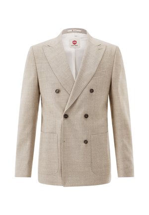 Beige double-breasted men's blazer with herringbone pattern, six dark buttons, notch lapels, and two front patch pockets.
