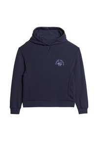 Felpa blu navy con tasca a canguro frontale, cappuccio con lacci e scritta bianca che riporta "Superdry Athletics Beach 1979". Tessuto morbido.