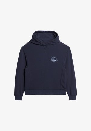 Mørkeblå hoodie med en frontlomme med plads til hænderne, snoretræk i hætten og hvidt tekstlogo med teksten "Superdry Athletics Beach 1979." Blødt stof.