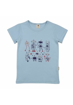 Light blue short-sleeve t-shirt with colorful cartoon robots in various shapes and sizes printed across the front.