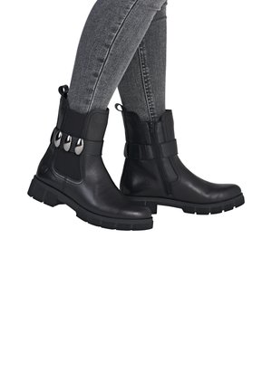 Black ankle boots with a smooth leather finish, elastic side panels, decorative metallic accents, and a sturdy, textured rubber sole.