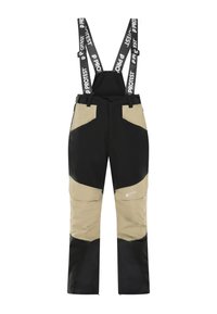 Skibroek met verstelbare zwarte bretels, kleurvlakken in zwart en beige, waterdicht materiaal en ritsopening bij de enkels.