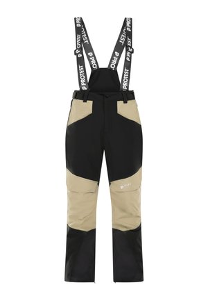 Skibroek met verstelbare zwarte bretels, kleurvlakken in zwart en beige, waterdicht materiaal en ritsopening bij de enkels.