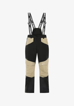 Pantalons de ski avec bretelles noires ajustables, blocs de couleurs noir et beige, matériau imperméable et ouvertures zippées au niveau des chevilles.