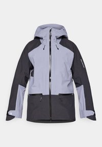 Casaco impermeável bicolor em cinza e preto com capuz, fecho de correr na parte da frente, bolsos laterais com fecho éclair e tiras ajustáveis nos pulsos.