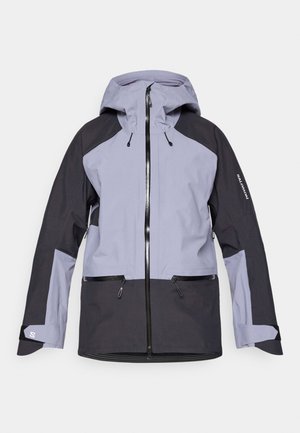 Dvotončna siva i crna vodootporna jakna s kapuljačom, cjelovitim prednjim zatvaračem, bočnim džepovima na zatvarač i podesivim manžetama.