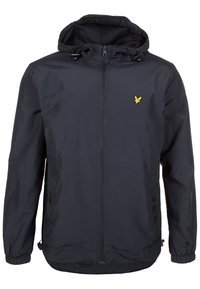 Letvægts, mørk navy jakke med hætte, lynlåslukning, justerbare snore og et lille gult logo på venstre bryst. Struktureret stof.