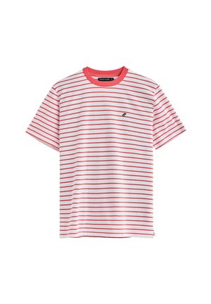 Red and white striped t-shirt with a solid red neckline and a small black logo on the chest. Short sleeves and a relaxed fit.