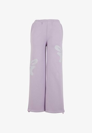 Lavendel brede joggebukser med elastisk midjebånd, med store abstrakte hvite design på lårene og med avkappede hem.