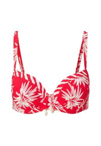 Rotes Bikinioberteil mit weißen tropischen Blattmustern, unterfütterten Cups, verstellbaren Trägern und dekorativem Perlendetail in der Mitte.