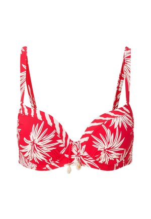 Rød bikini-top med hvide tropiske bladmønstre, bøjlede skåle, justerbare stropper og dekorativ perledetalje i midten.