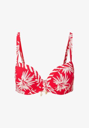 Rød bikini-top med hvide tropiske bladmønstre, bøjlede skåle, justerbare stropper og dekorativ perledetalje i midten.