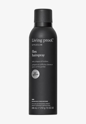 Sort cylindrisk dåse af Living Proof Style Lab Flex Hairspray med varmebeskyttelse og medium hold, 246 ml størrelse, på hvid baggrund.