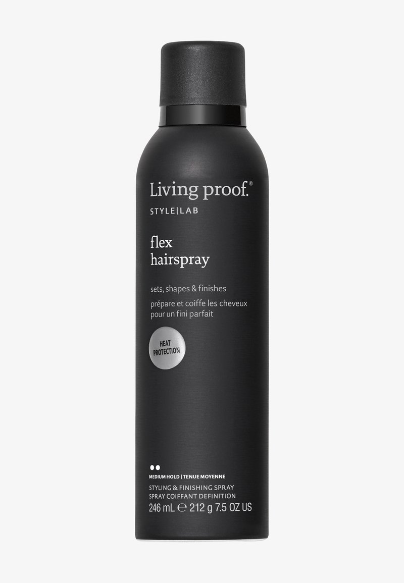 Bouteille cylindrique noire de laque Living Proof Style Lab Flex avec protection thermique et tenue moyenne, taille 246 ml, sur fond blanc.