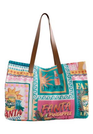 Tragetasche mit braunen Griffen und bunten Retro-Fanta-Designs, darunter Ananas- und Zitronengeschmack sowie grafische Elemente mit Sonne-Motiv.