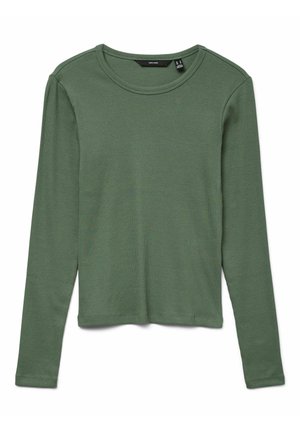 Top met lange mouwen en ribstructuur in olijfgroen, voorzien van een ronde halslijn en een rechte snit. De stof lijkt zacht met een lichte textuur.