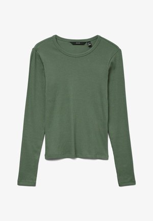 Top met lange mouwen en ribstructuur in olijfgroen, voorzien van een ronde halslijn en een rechte snit. De stof lijkt zacht met een lichte textuur.