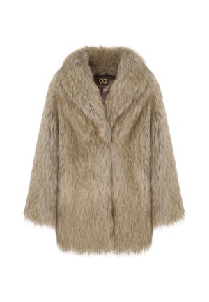 Faux fur jack in lichtbruin, met een brede kraag en afgehaakte schouders. Zachte, pluizige textuur met een rechte snit.