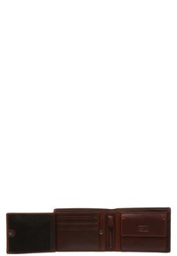 Brown leather wallet with multiple card slots, a zippered compartment, and a textured surface. Snap closure on the left side.