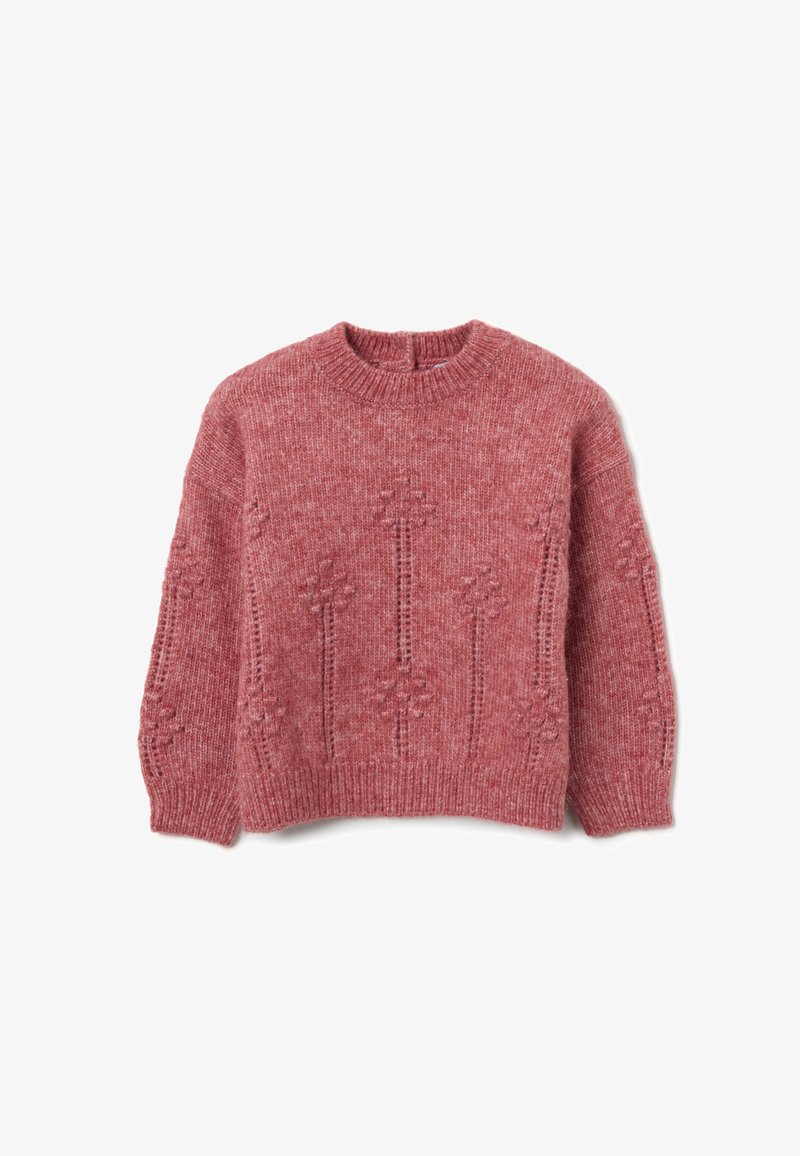 Maglione lavorato a maglia in un delicato color rosa con scollatura a girocollo. Presenta motivi floreali testurizzati e polsini e orli a costine. Materiale morbido.