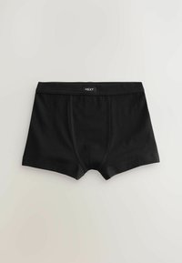 Čierne boxerky vyrobené z elastického materiálu s hladkým povrchom, s logovaným pásom a klasickým strihom. Predné švy pre struktúru.