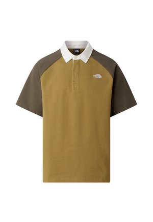 Koszulka polo z krótkim rękawem w kolorze oliwkowej zieleni i khaki, z białym kołnierzem, plisą z guzikami oraz logo na lewej piersi. Miękka tkanina.