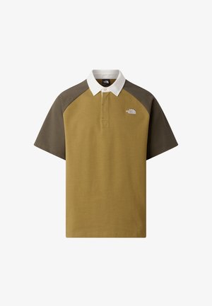 Short-sleeve polo shirt in olive green and khaki, featuring a white collar, button placket, and logo on the left chest. Soft fabric.