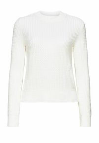 Maglione bianco lavorato a maglia con un motivo testurizzato, colletto rotondo e maniche lunghe. Polsini e orlo a coste conferiscono struttura al design.