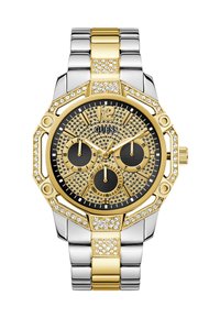 Guld- og sølvur med en rund, tekstureret urskive. Har sorte subdials, diamanter og et kombinations-armbånd i metal.