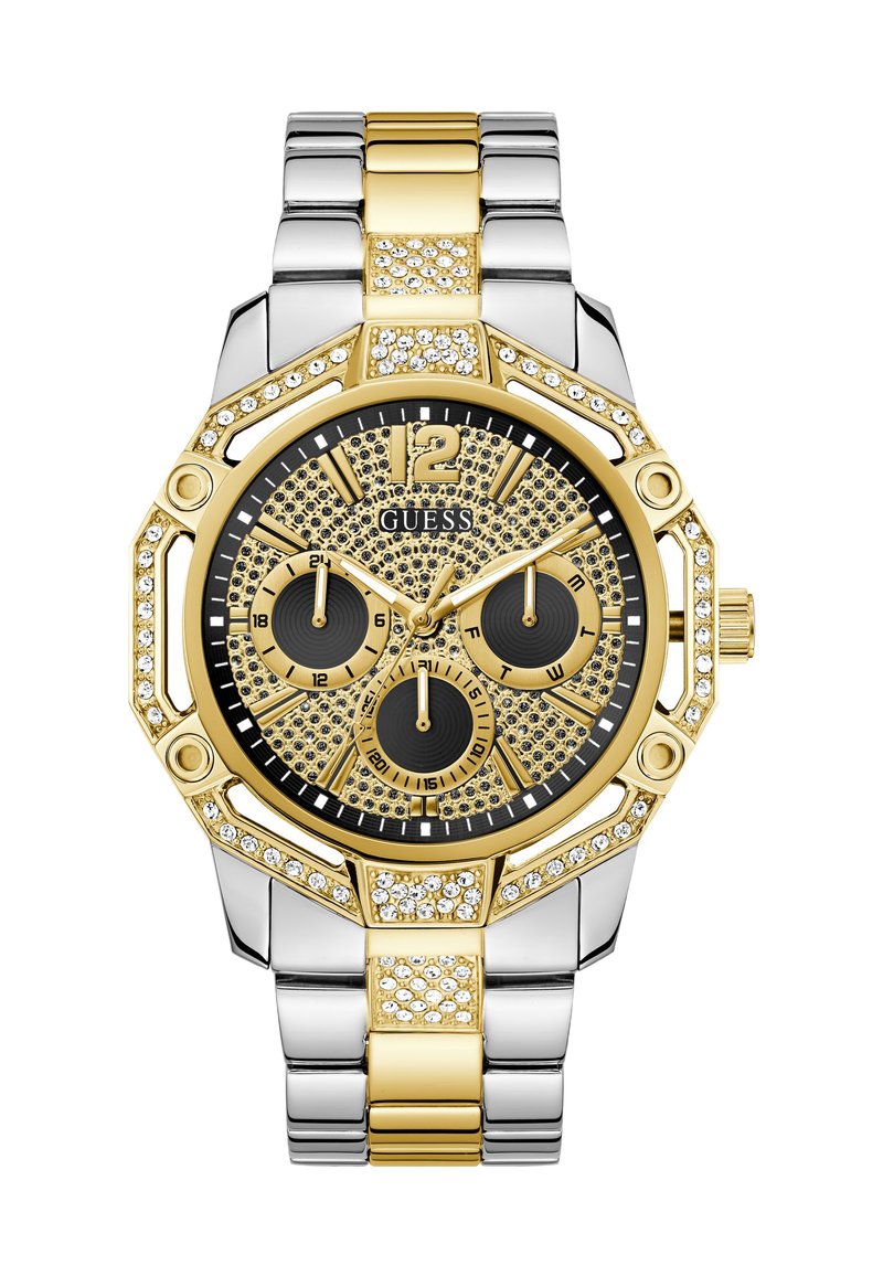 Guld- og sølvur med en rund, tekstureret urskive. Har sorte subdials, diamanter og et kombinations-armbånd i metal.
