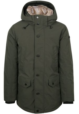 Olivgrüner Parka mit einem Kapuzenfutter aus Kunstfell, zwei gesteppten Brusttaschen mit Knöpfen und elastischen Bündchen. Strapazierfähiger Stoff mit glatter Textur.