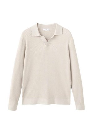 Beige, geribbelde lange mouw trui met V-hals en kraag, met een comfortabele pasvorm en een gestructureerde stof. Geen zichtbaar metaal of patronen.