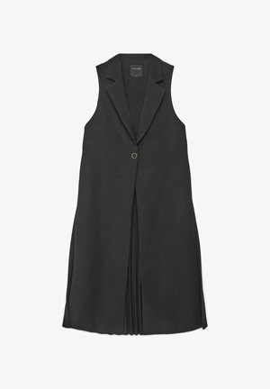 Gilet noir sans manches avec un design ajusté, des revers crantés, une fermeture à bouton sur le devant et un détail plissé à l'arrière. Texture de tissu lisse.