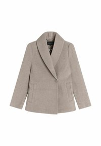 Beige wool blend jacket with a large notched collar, single-button closure, and side pockets. Smooth texture and tailored fit.