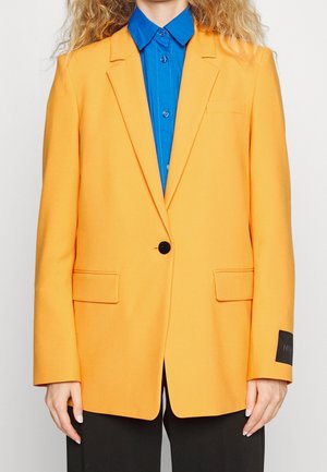 Vrouw draagt een fel oranje blazer over een blauwe blouse met knopen en zwarte broek, staand tegen een effen achtergrond.