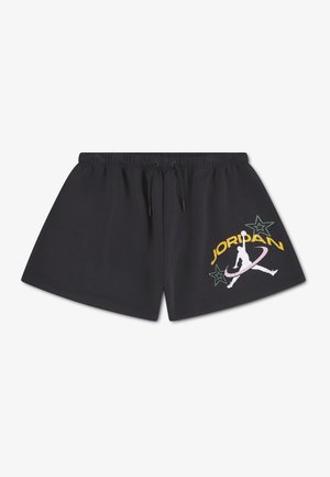 Čierne športové šortky s elastickým pásom a šnúrkami, s farebným logom Jumpman, hviezdami a nápisom "JORDAN" na ľavej nohe.