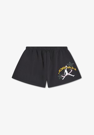 Shorts de sport noirs avec taille élastique et cordons, arborant un logo Jumpman coloré, des étoiles et le mot "JORDAN" sur la jambe gauche.
