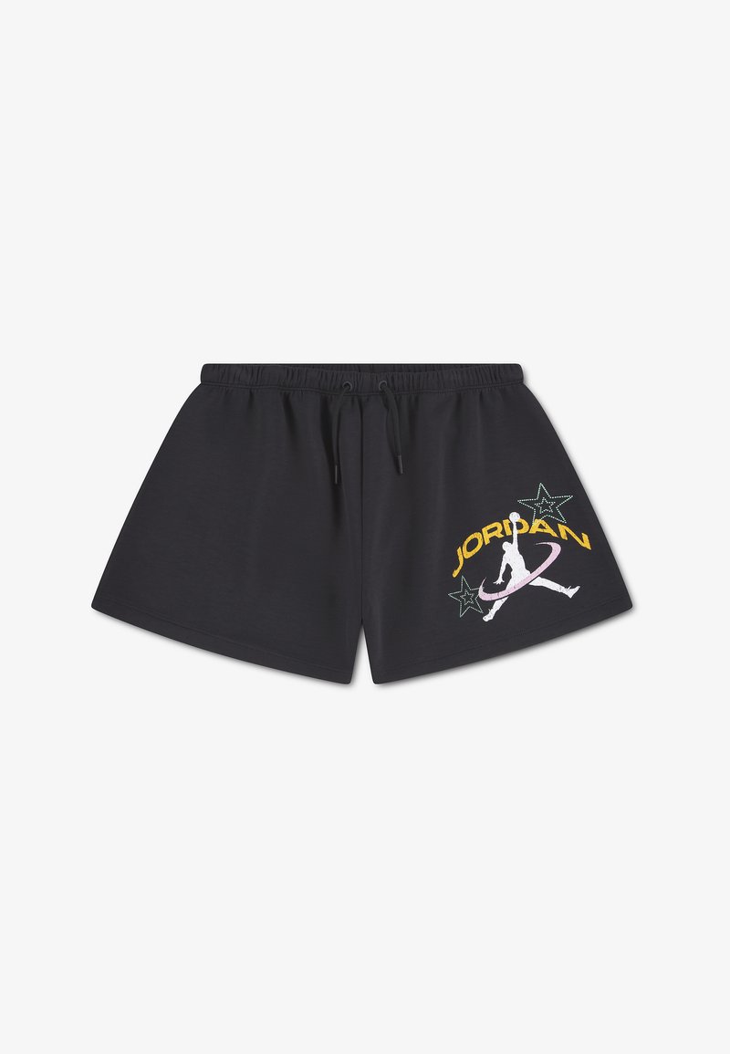 Shorts de sport noirs avec taille élastique et cordons, arborant un logo Jumpman coloré, des étoiles et le mot "JORDAN" sur la jambe gauche.