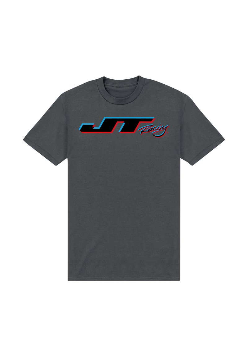 Grå bomulds t-shirt med et fremtrædende sort og rødt logo med blå detaljer, der står "JT Racing". Kortærmet og med rund hals.