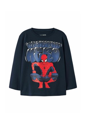 Chemise à manches longues bleu foncé avec Spider-Man accroupi et le texte "Neighborhood Hero" en grosses lettres grasses au-dessus de lui.