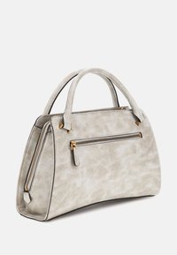 Gray faux leather handbag with a structured, rounded shape. Features two top handles and a front zip pocket with gold hardware accents.