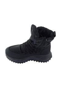 Czarne sneakersy za kostkę z wyściełanym kołnierzem, trwałymi sznurowadłami, bocznym zamkiem błyskawicznym i wytrzymałą, teksturowaną podeszwą. Gładkie wykończenie z minimalną ilością detali.