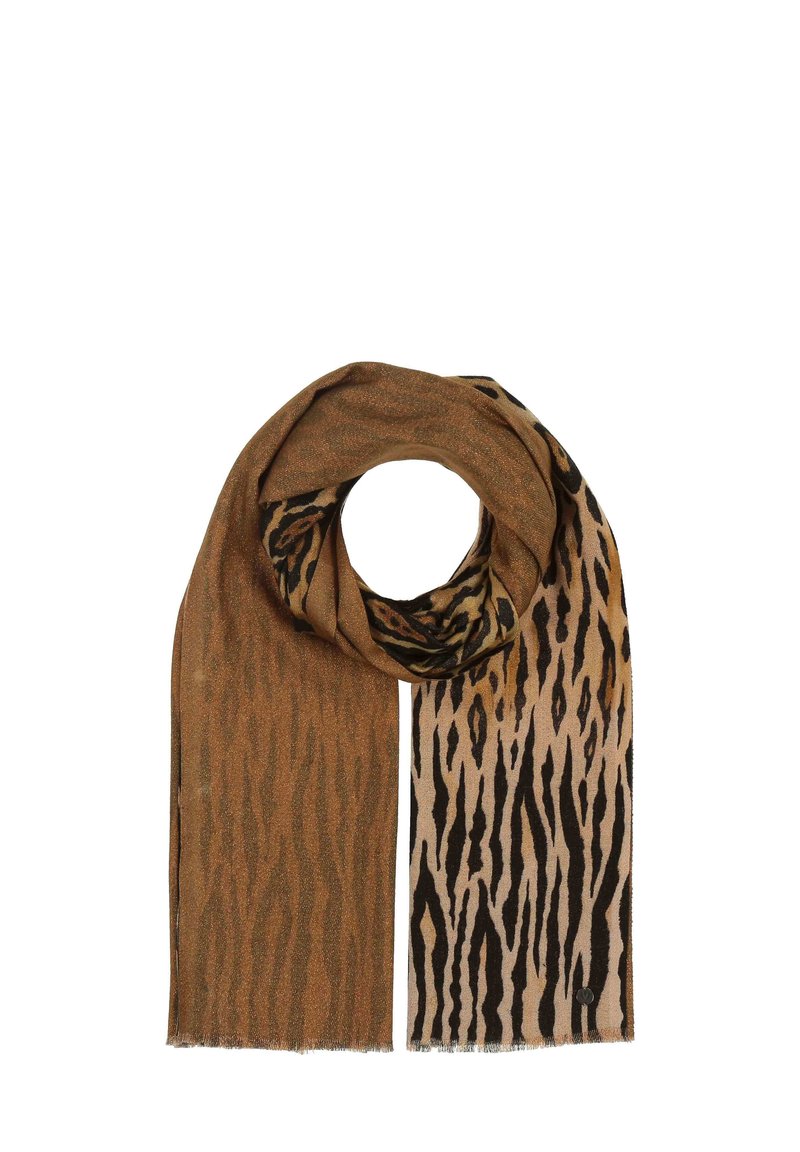Sciarpa marrone e beige con motivo a strisce di tigre, tessuto testurizzato con una leggera lucentezza e estremità frangiate.