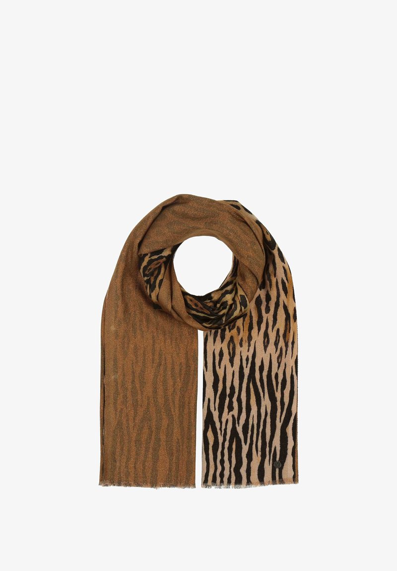 Sciarpa marrone e beige con motivo a strisce di tigre, tessuto testurizzato con una leggera lucentezza e estremità frangiate.