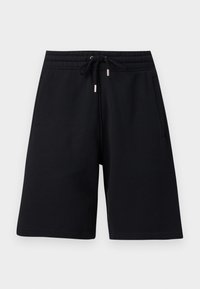 Pantalones cortos negros hasta la rodilla con cinturilla elástica y cordón, que cuentan con bolsillos laterales y un ajuste holgado.